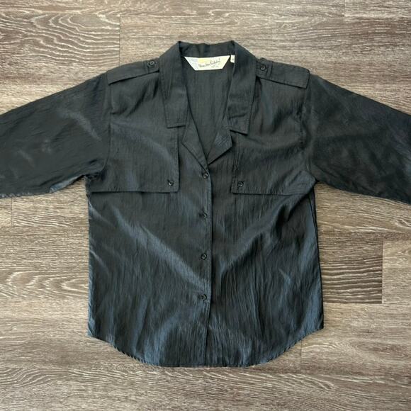 Vintage DVF Black Utility Blouse Size 10 Petite Button Down Top Y2K Minimalist - Picture 2 of 16